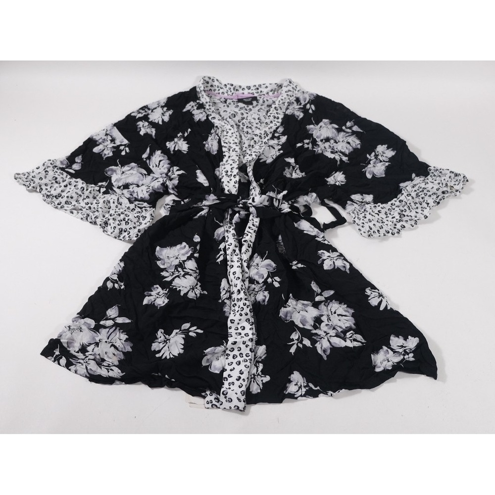 Simply Vera Vera Wang Robe Women L Black Floral Leopard Print Wrap Kimono Short